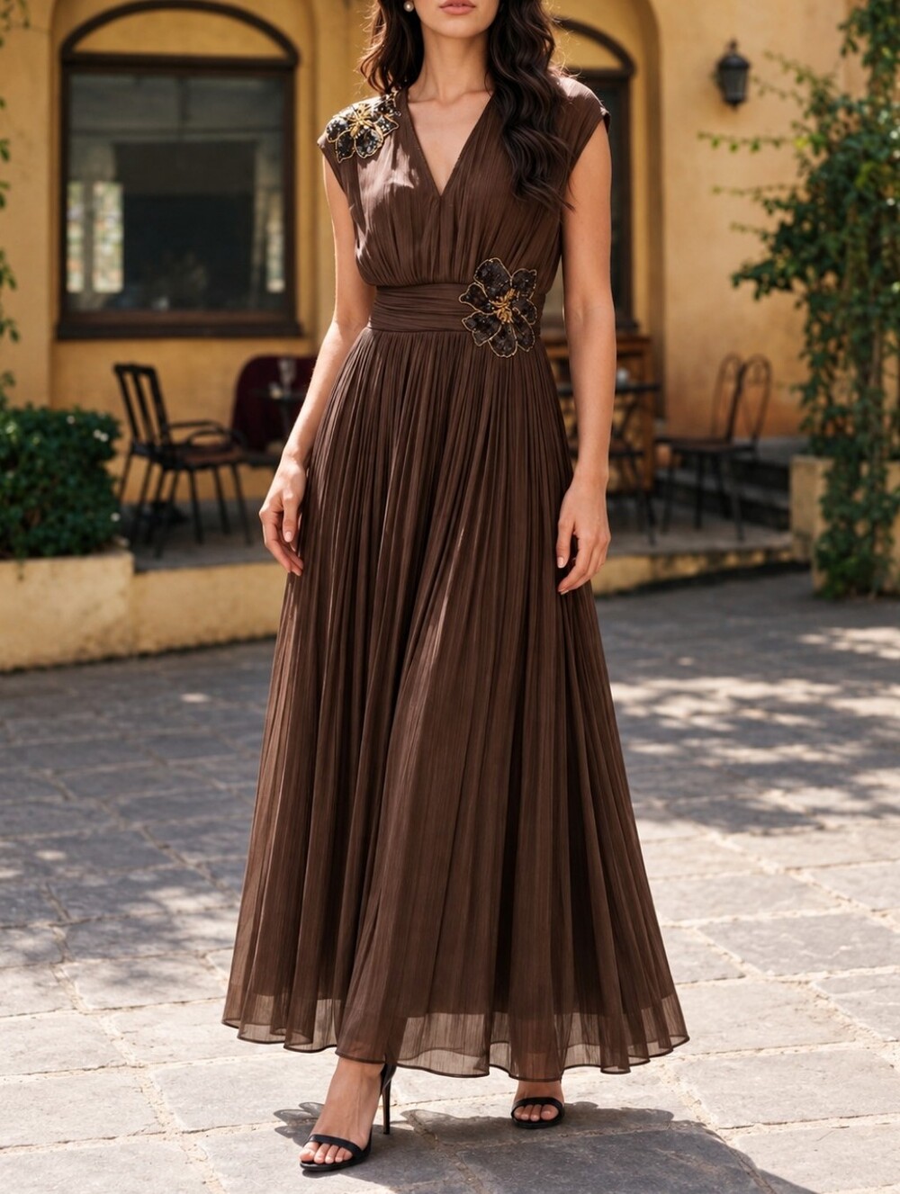 New Metallic Sequin Beaded 3D Flower Maxi Dress Ruched Waist Brown Gold